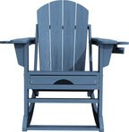 KINGYES Adirondack Rocking Chair with Retractable Ottoman and Cup Holders, HDPE Adirondack Rocker Patio Rocking Chair for Porch, Patio, Balcony, Deep Blue