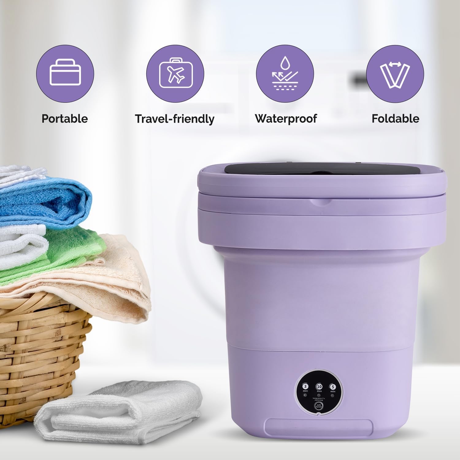 Portable Washing Machine, 11L Mini Folding Washer for Apartments, Dorms, RV and Travel, Compact Top Load Washer with Spin Basket and 3 Wash Modes for Small Loads, (PURPLE)