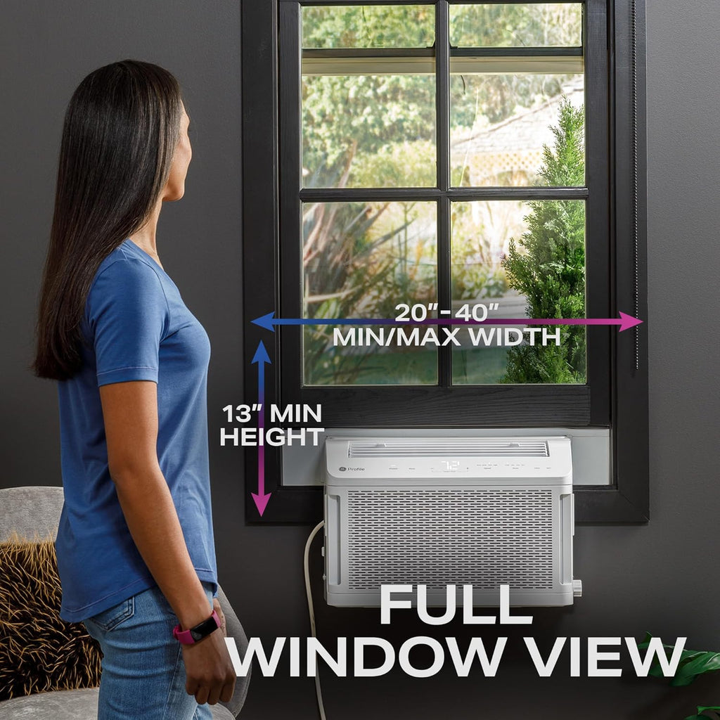 GE Profile ClearView Window Air Conditioner Unit, 8,300 BTU, U-Shaped Adjustable Depth, Energy Efficient Cooling up to 350 sq ft., Ultra Quiet, SMART Home Capable, Includes Remote, White
