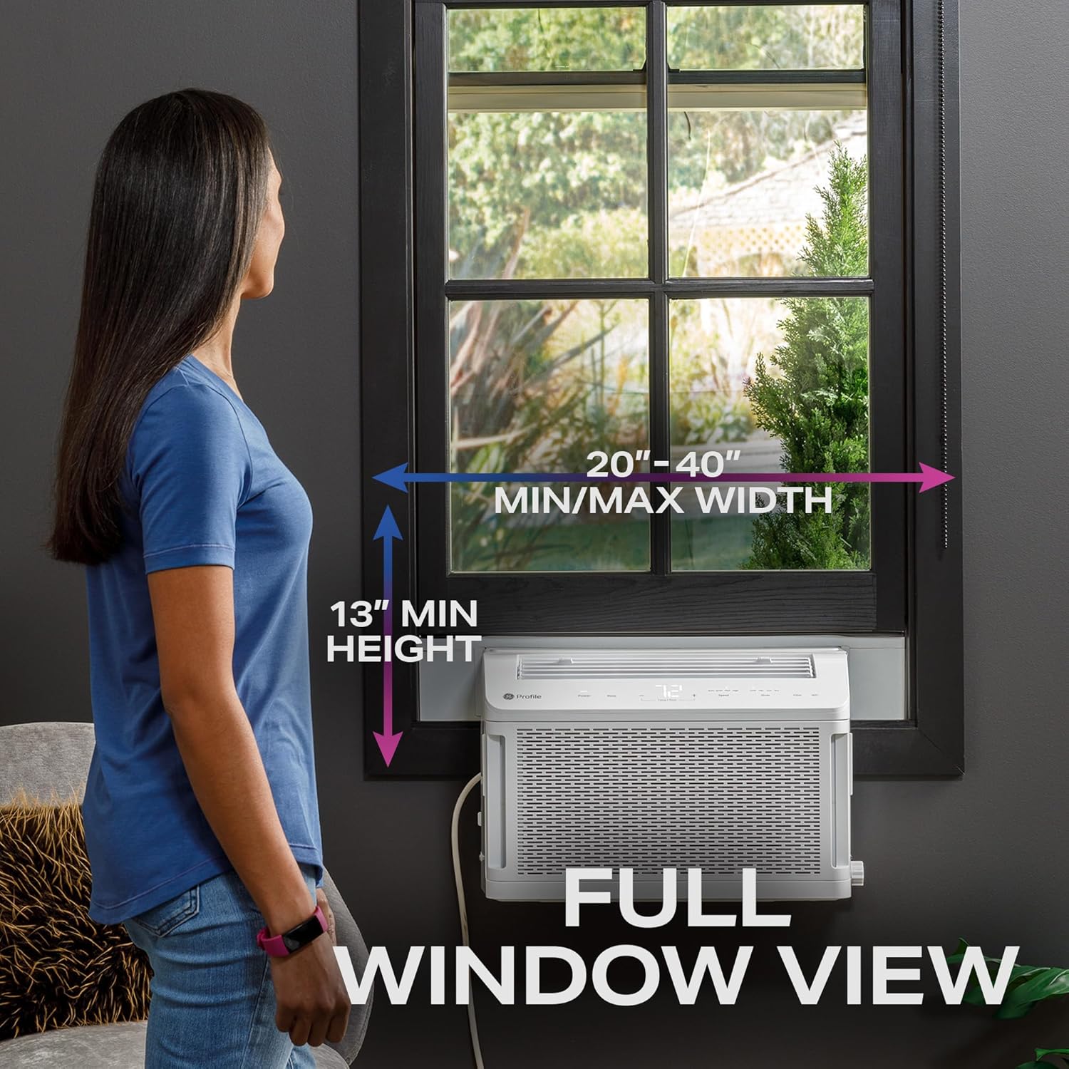 GE Profile ClearView Window Air Conditioner Unit, 8,300 BTU, U-Shaped Adjustable Depth, Energy Efficient Cooling up to 350 sq ft., Ultra Quiet, SMART Home Capable, Includes Remote, White