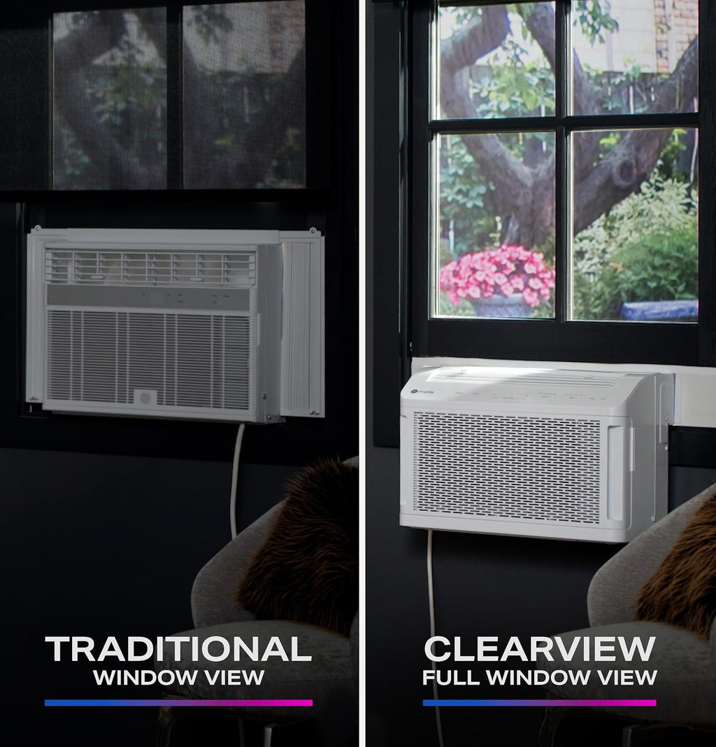 GE Profile ClearView Window Air Conditioner Unit, 8,300 BTU, U-Shaped Adjustable Depth, Energy Efficient Cooling up to 350 sq ft., Ultra Quiet, SMART Home Capable, Includes Remote, White