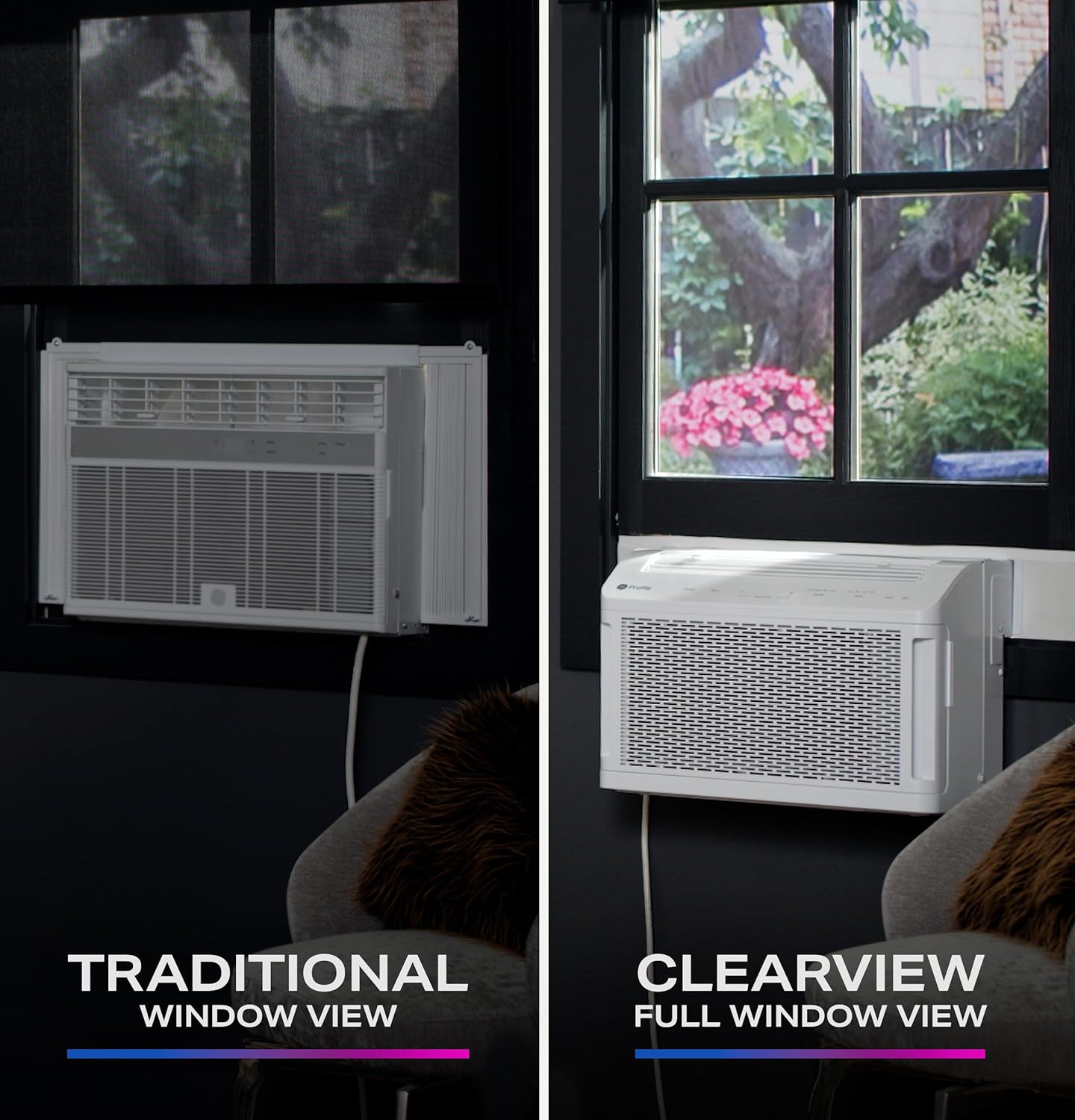 GE Profile ClearView Window Air Conditioner Unit, 8,300 BTU, U-Shaped Adjustable Depth, Energy Efficient Cooling up to 350 sq ft., Ultra Quiet, SMART Home Capable, Includes Remote, White