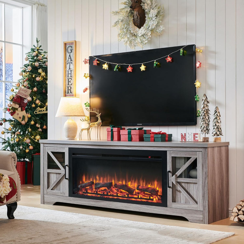 75" Farmhouse Fireplace TV Stand for TVs up to 85", Rustic Entertainment Center with 44" Fireplace Heater, Adjustable Storage Cabinets, Barn Door TV Console with Fireplace, Gray