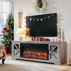 75" Farmhouse Fireplace TV Stand for TVs up to 85", Rustic Entertainment Center with 44" Fireplace Heater, Adjustable Storage Cabinets, Barn Door TV Console with Fireplace, Gray