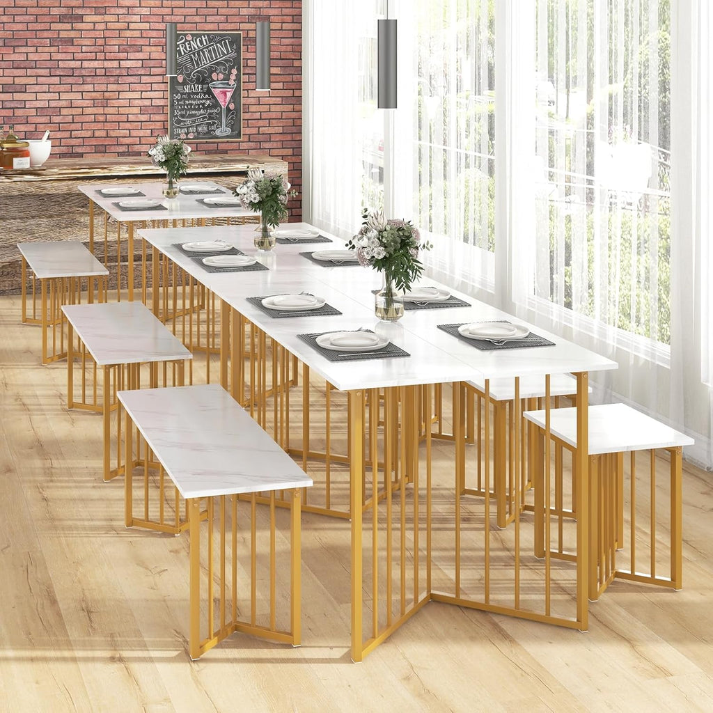 Giantex 4-Piece Dining Table Set for 4, Kitchen Table Chairs Set with Bench & 2 Stools, Wing-Shaped Metal Legs, Marble Grain Dinette Table Set for Small Space, Dining Room, Breakfast Nook Table Set