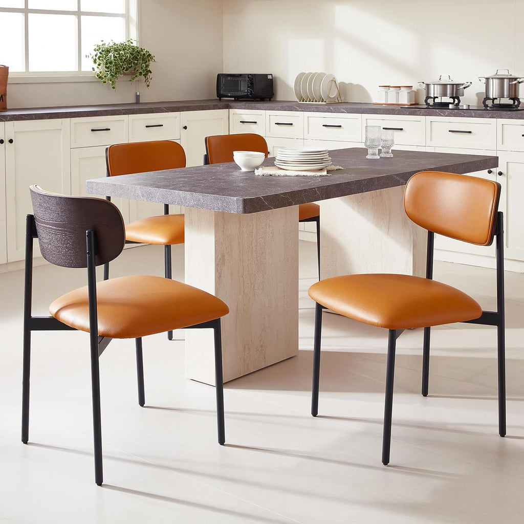 Brown Faux Leather Dining Chairs Set of 4, Armless Upholstered Kitchen Chairs with Wood Grain Back, Modern Dining Room Chairs with Curved Backrest & Black Metal Legs