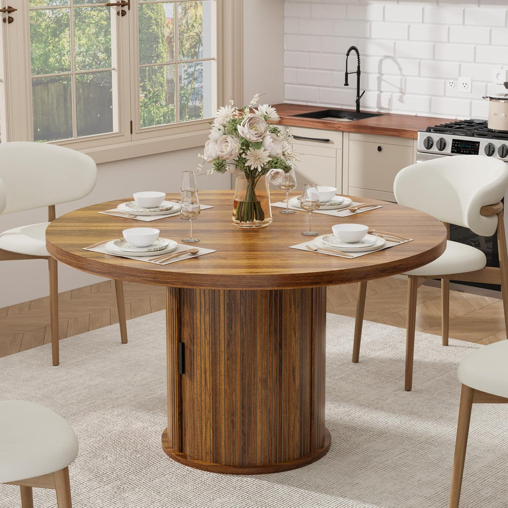 Garvee 47 Inch Round Dining Table for 4, Kitchen Table with 2-Layer Storage Shelf and a Drawer, Farmhouse Circle Dinner Table for Dining Room, Kitchen, Living Room (Table Only), Walnut