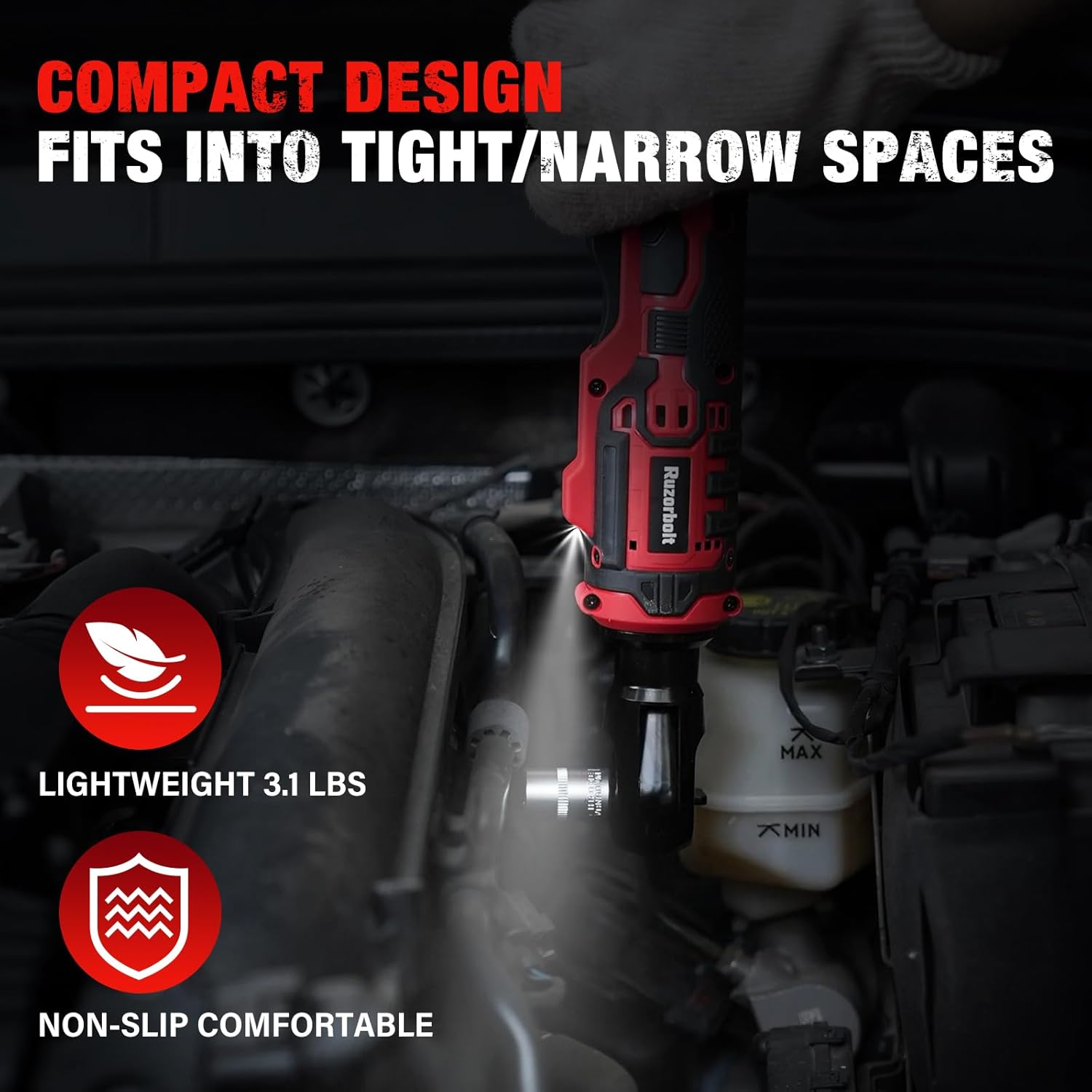 20V Cordless Ratchet Wrench 3/8" Set, 88 Ft-lbs(120N.m), 500 RPM, Electric Ratchet Wrench with 2PCS 2000mAh Batteries, Variable Speed, LED Light, 5 Sockets, 1/2" Adapter, 3" Extension Bar