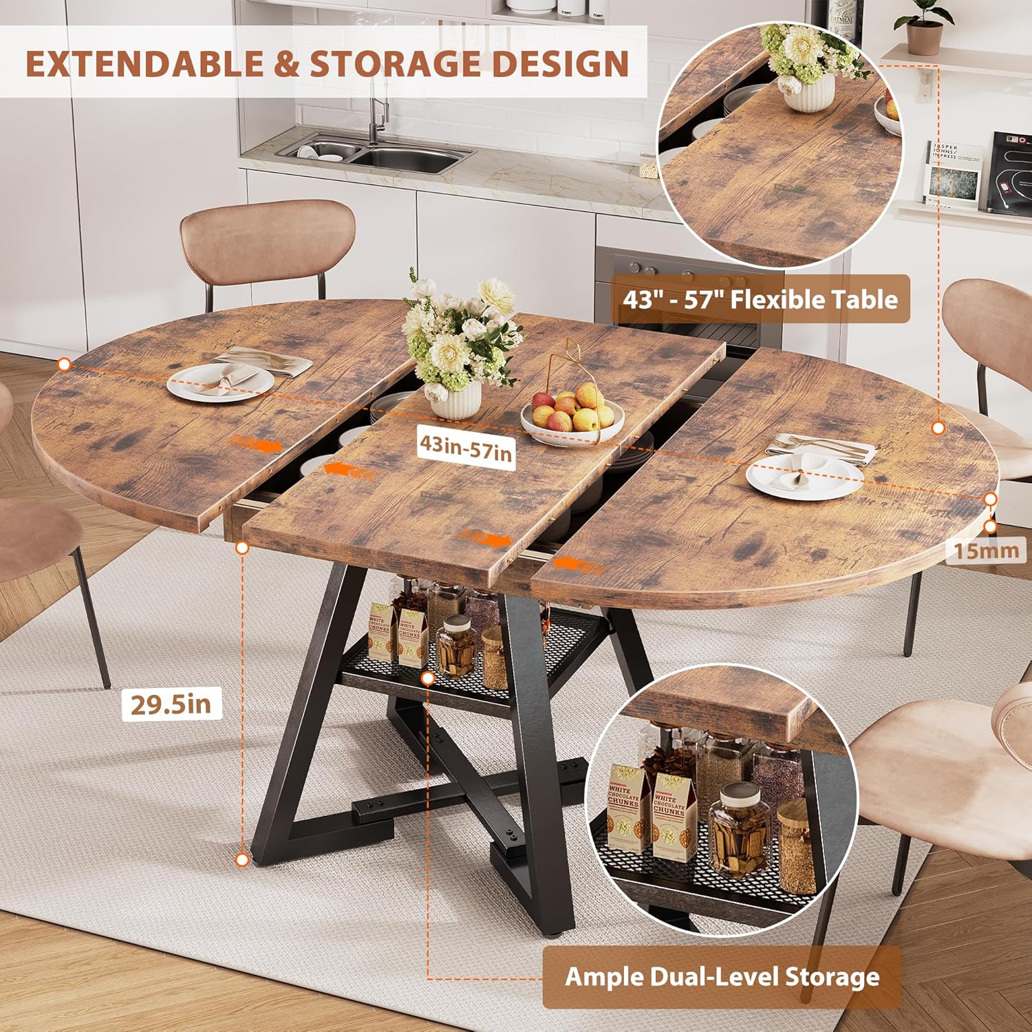 43‘’-57‘’ Extendable Round Dining Table for 4-6, Modern Industrial Kitchen Oval Dining Table with Removable Leaves, Space Saving Pedestal Base with Storage Shelf for Kitchen Living Room (Vintage)