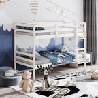 KOMFOTT Wood Bunk Bed Twin Over Twin, Bunk Bed with Ladder & Safety Guardrail, Solid Wood Bed Frame, Ideal for Dormitory & Multiple-Child Family, No Box Spring Needed, Kids Bed Frame