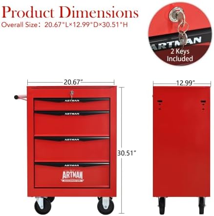 Rolling Metal Tool Chest with 4 Drawers, 20" 4-Drawer Tool Chest Cabinet with Ball Bearing Drawer Slides, Steel Tool Storage Box Organizer -Red