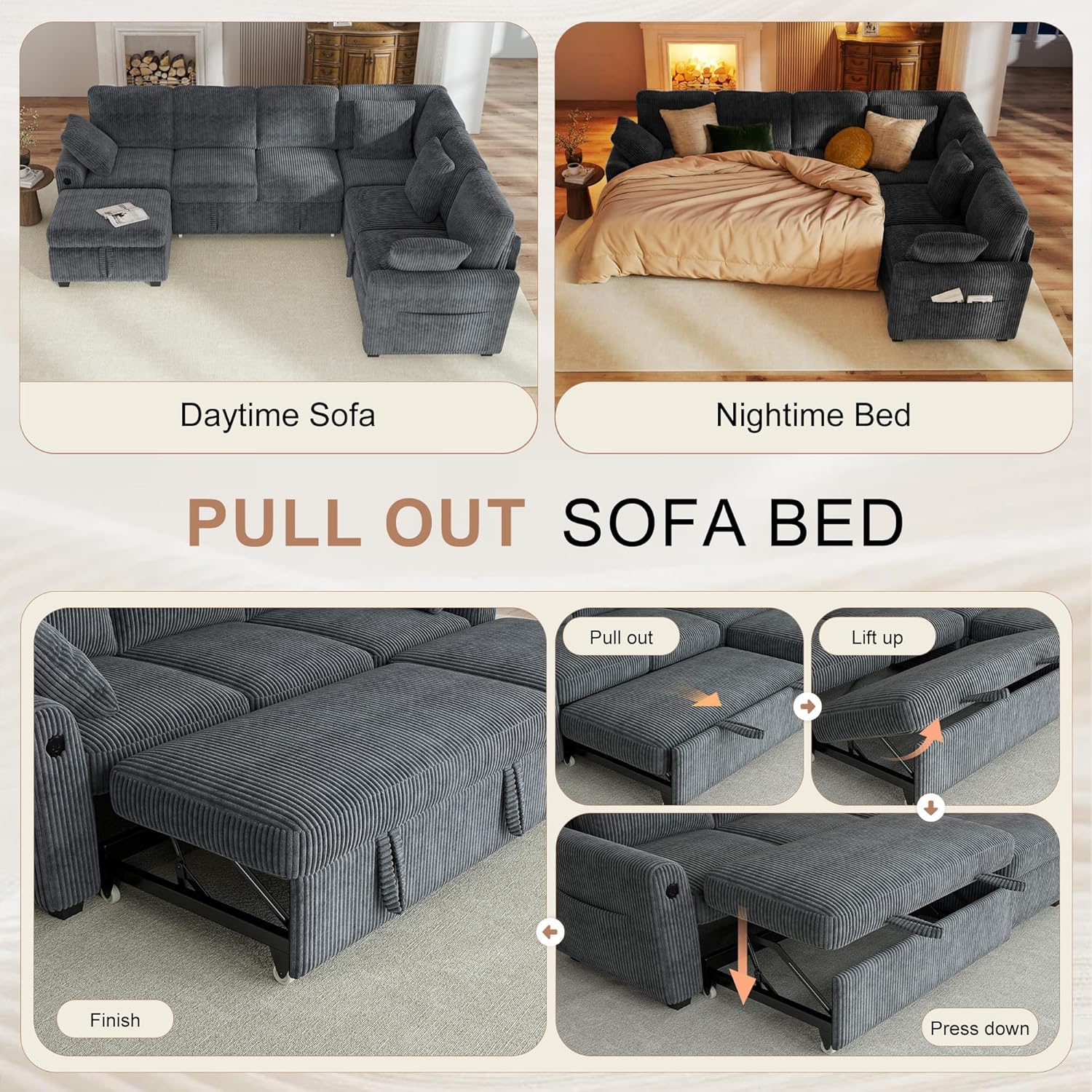 Hanherry Sectional Couch with Pull Out Sofa Bed,Corduroy Sleeper Sofa with Storage Ottoman & USB Charging,Comfy L Shaped Modular Couches for Living Room,Apartment | USB Charging, Corduroy Fabric