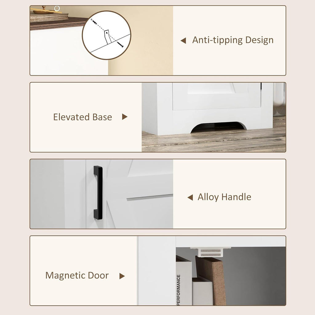 HOMCOM Farmhouse Storage Cabinet with Adjustable Shelf, Single Barn Door Small Bathroom Storage Cabinet for Living Room, Floor Pantry Cabinet, White
