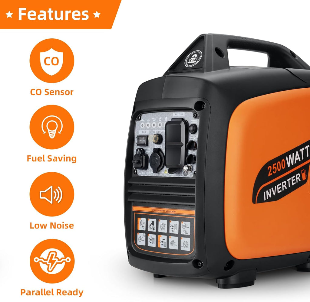 Portable Inverter Generator 2500W Gas Powered  Long Runtime Gas Generators for Home Use  Camping  Super Quiet Emergency Home Backup  with CO Sensor  EPA Compliant