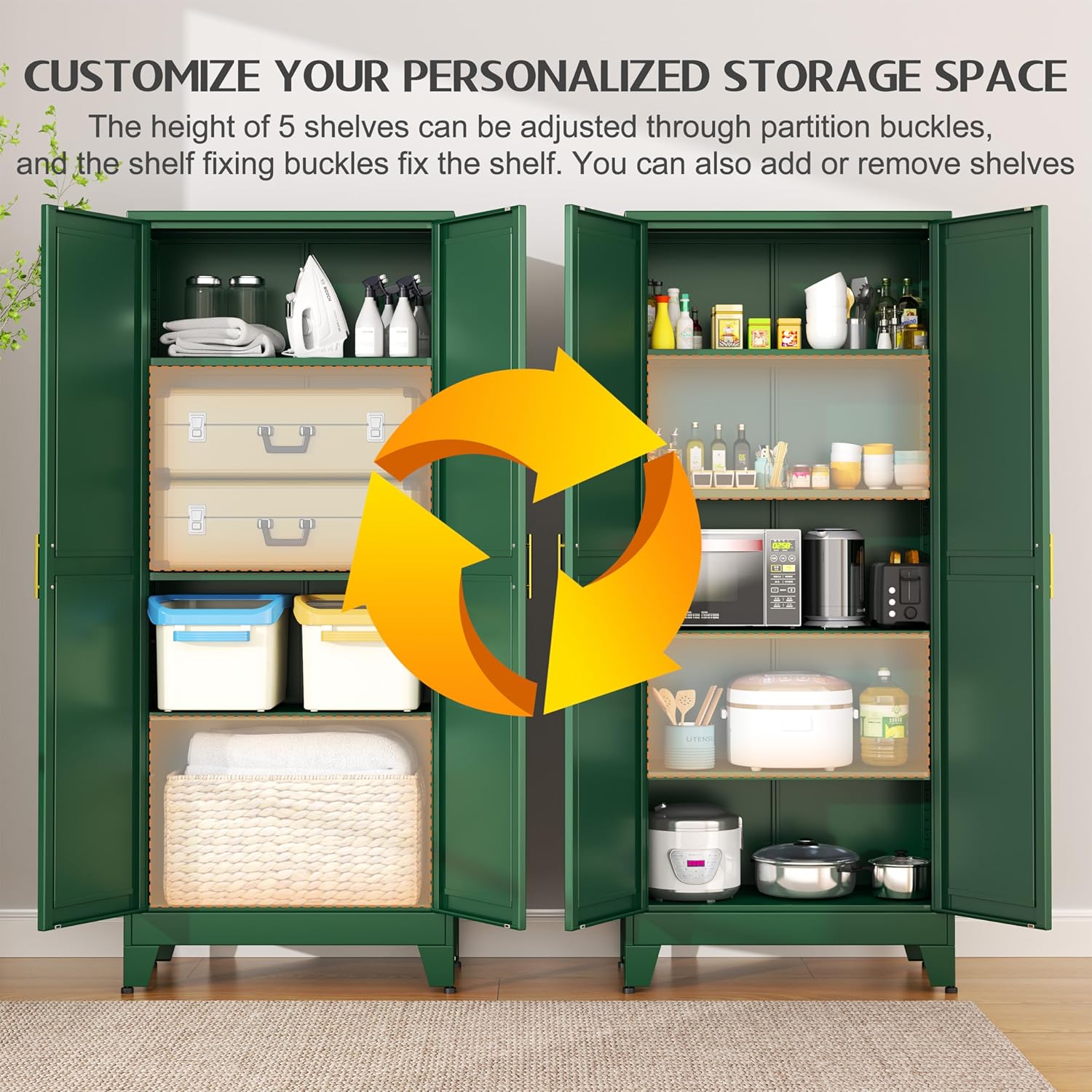 GAIOUS 75.2" Tall Kitchen Food Pantry, Pantry Cabinet with 2 Door and 5 Adjustable Shelves, Green Laundry Room Cabinets, Freestanding Pantry for Kitchen, Study Room, Dining Room and Entryway