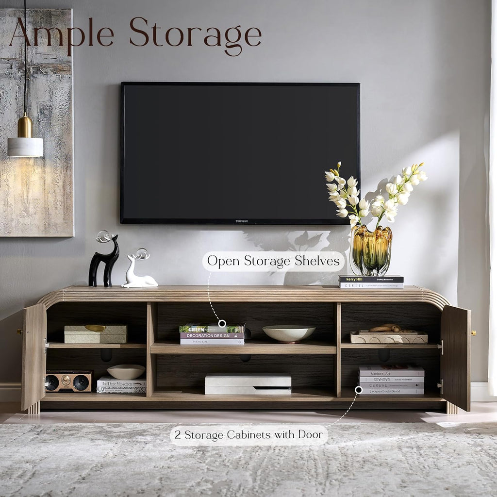 T4TREAM 70" Modern Fluted TV Stand, Long TV Table Entertainment Center with Storage, Media Console for Living Room with Door and Adjustable Shelves (Alder Grey)