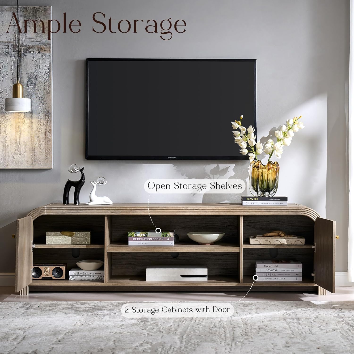 T4TREAM 70" Modern Fluted TV Stand, Long TV Table Entertainment Center with Storage, Media Console for Living Room with Door and Adjustable Shelves (Alder Grey)