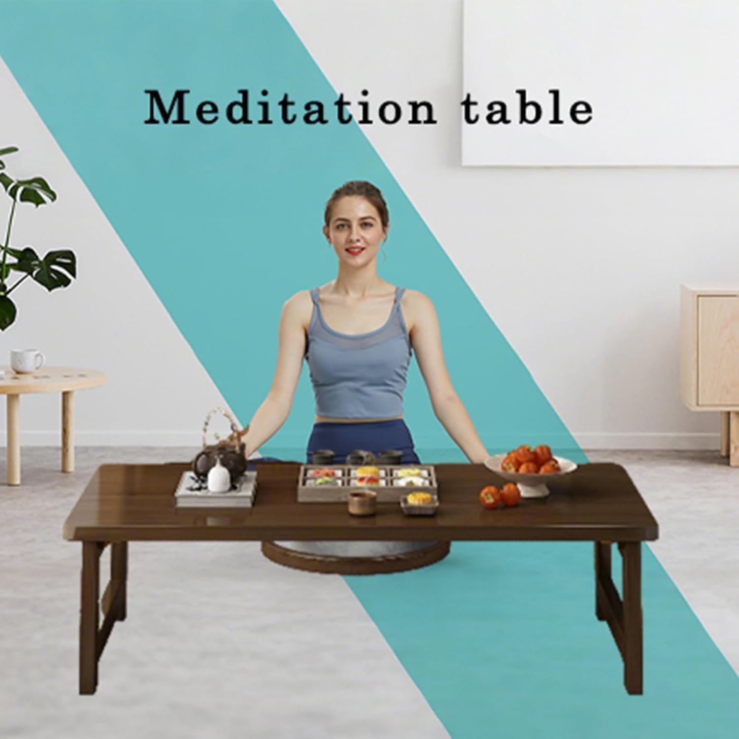 Japanese Folding Table Bamboo Japanese Floor Table Portable Solid Wood Folding Coffee Table,No Assembly Japanese Coffee Table for Sitting on The Floor,Easy Storage