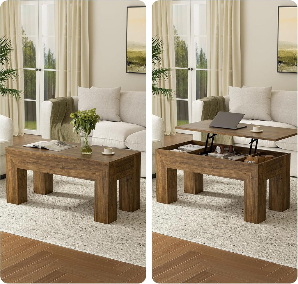 FABATO 41.7'' Lift Top Coffee Table, Wooden Rectangle Coffee Table with Hidden Storage, Large Center Table Adjustable Height Sofa Table for Living Room Office Apartment, Brown