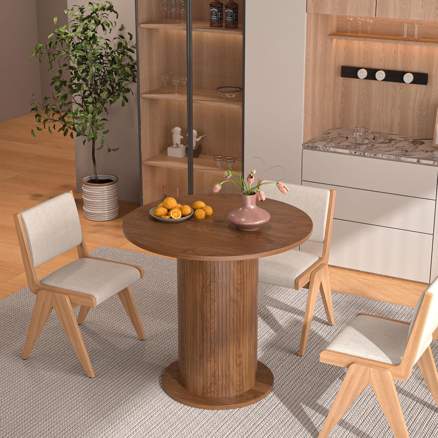 31.5 inch Round Dining Table for 2, Modern Farmhouse Kitchen Table, Small Circle Dining Tables with Wood Strip Base for Kitchen Living Room (Walnut)