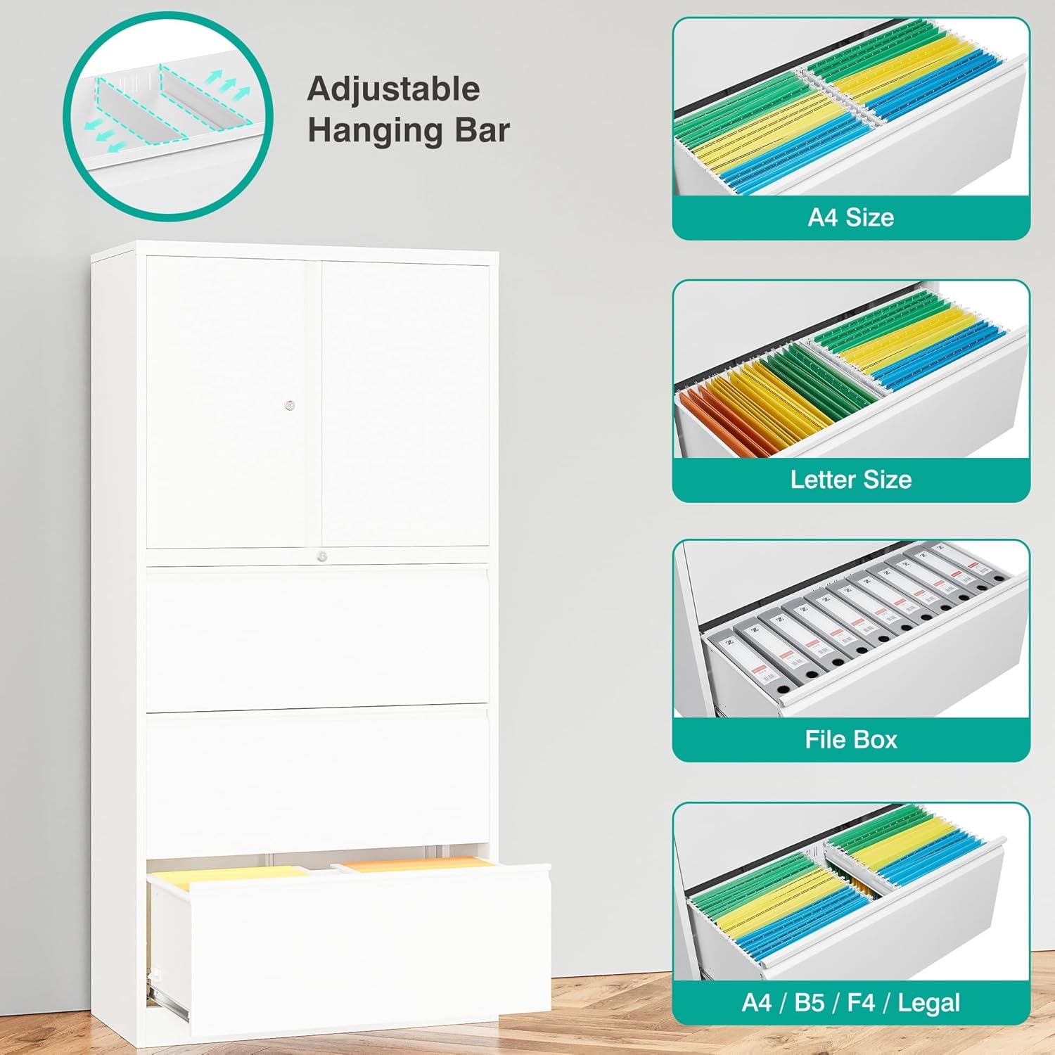 SISESOL 3 Drawer Lateral File Cabinet with Lock and Shelf,White Metal Filling Cabinet with Drawers and Shelf, Locking File Storage Cabinets with Doors and Shelves for Home,Office,Garage,School