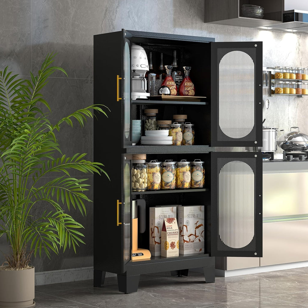 GAIOUS Black Kitchen Pantry Cabinet, Pantry Storage Cabinet with Acrylic Glass Doors and Adjustable Shelves, Tall Versatile Storage for Kitchen, Dining Room, Home Office and Bedroom