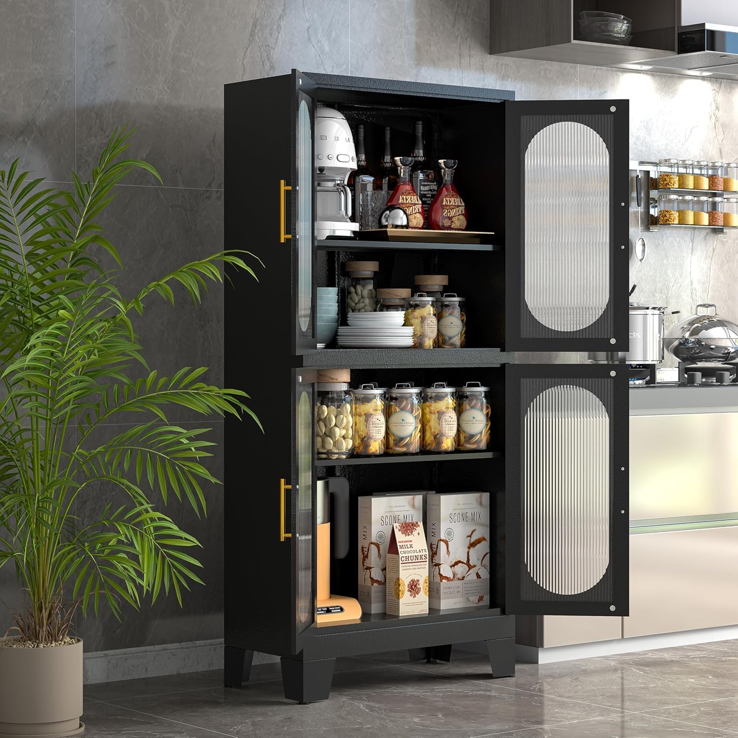 GAIOUS Black Kitchen Pantry Cabinet, Pantry Storage Cabinet with Acrylic Glass Doors and Adjustable Shelves, Tall Versatile Storage for Kitchen, Dining Room, Home Office and Bedroom
