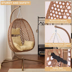 Indoor Hanging Chair with Stand for Bedroom, Hexagon Rattan Wicker Swing Egg Chair for Bedroom Porch Garden Patio Outdoor, Hammock Egg Swing Chair with Cushion,350LBS Capacity (Beige)