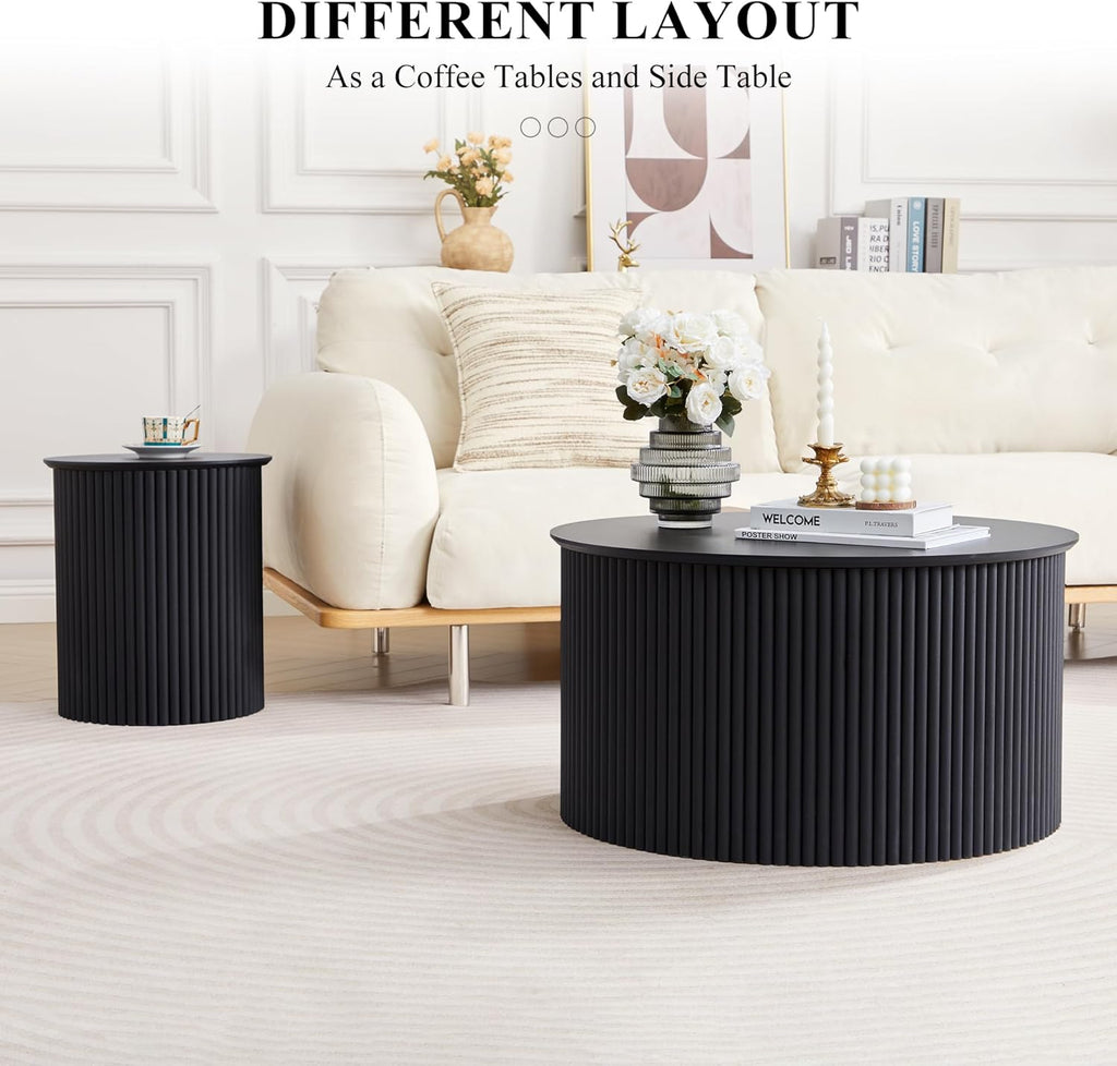 Fluted Round Nesting Coffee Table Set of 2, Mid Century Modern Wood Coffee Tables and End Table Set, Circle Side Table Minimalist Center Tables for Living Room, Office(Black)