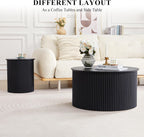 Fluted Round Nesting Coffee Table Set of 2, Mid Century Modern Wood Coffee Tables and End Table Set, Circle Side Table Minimalist Center Tables for Living Room, Office(Black)