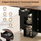 Giantex 47.5" Folding Dining Table for 2-4, Drop Leaf Wooden Dinner Table with 2-Tier Storage Shelf and Drawer, Lockable Wheels, Space Saving Kitchen Tables for Dinette, Small Space (Black+Brown)