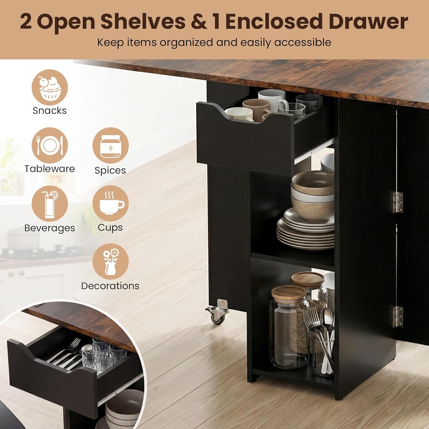 Giantex 47.5" Folding Dining Table for 2-4, Drop Leaf Wooden Dinner Table with 2-Tier Storage Shelf and Drawer, Lockable Wheels, Space Saving Kitchen Tables for Dinette, Small Space (Black+Brown)