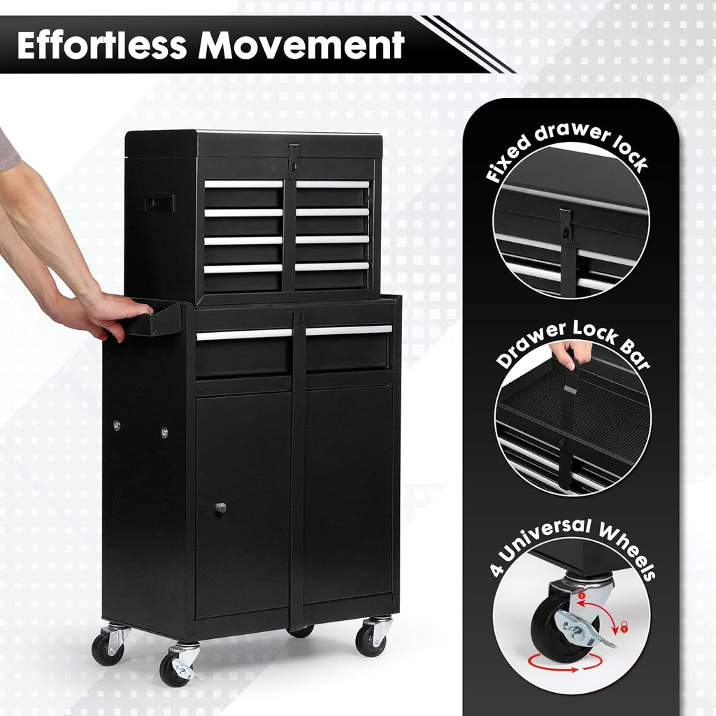 Dawmilon 5-Drawer Rolling Tool Chest, Detachable Top Tool Box, Lockable Metal Tool Cabinet with Wheels, Adjustable Shelf and Liner for Garage Workshop Storage, Black