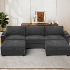 108'' Chenille Sectional Couch with Storage Armrests,U Shaped Upholstered Sofa with 2 Movable Ottomans, 5-Seat Modular Couch with Cup Holders for Living Room, Grey