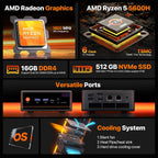 PELADN Mini PC Gaming  Dual LAN  Ryzen 5 5600H (Upgraded 5700U/7430U) 16GB DDR4/512GB NVMe SSD Dual LAN Type-C/DP/HD Mini Desktop Computer WiFi6 4K/60Hz Triple-Display USB3.2/BT5.2 Mini Computer