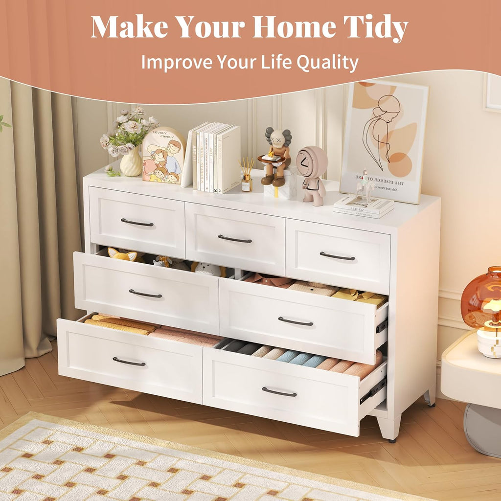 7-Drawer Dresser for Bedroom, 52" Wide White Steel Chest of Drawers with Anti-Tipping Design, Odor-Free Easy to Clean Storage Organizer for Living Room, Entryway, Hallway, Home Office