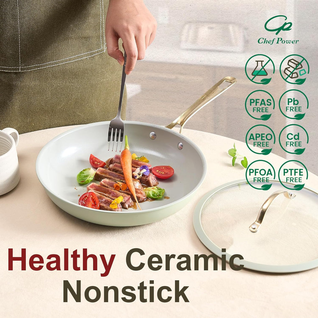 Chef Power Ceramic Cookware Sets, 10Pcs Pots and Pans Set Non Stick, Cookware Set with Stainless Steel Handle, Dishwasher & Oven Safe, Sage Green and Granite Grey