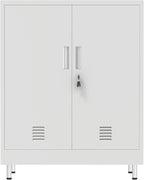 JINGUR Metal Storage Cabinet with Locking Doors and 2 Adjustable Shelves, Lockable Storage Cabinet for Home Office Garage Pantry Living Room (White)