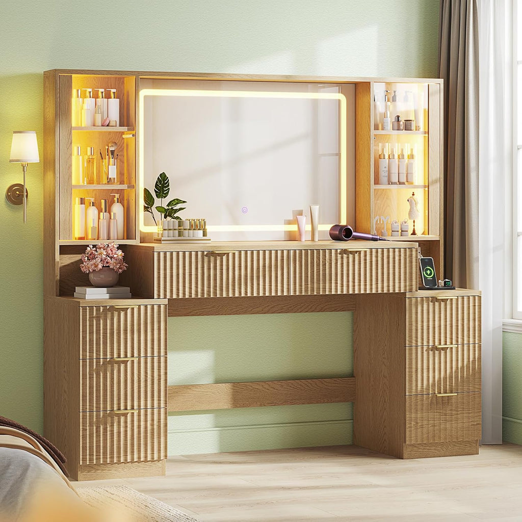 Big Vanity, Fluted Wood Makeup Vanity Desk with Mirror and Sound Sync LED Lights, Large Vanity Dressing Table, 8 Drawers, Charging Station for Girls, Women (Oak, 59.1" Width)