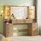 Big Vanity, Fluted Wood Makeup Vanity Desk with Mirror and Sound Sync LED Lights, Large Vanity Dressing Table, 8 Drawers, Charging Station for Girls, Women (Oak, 59.1" Width)