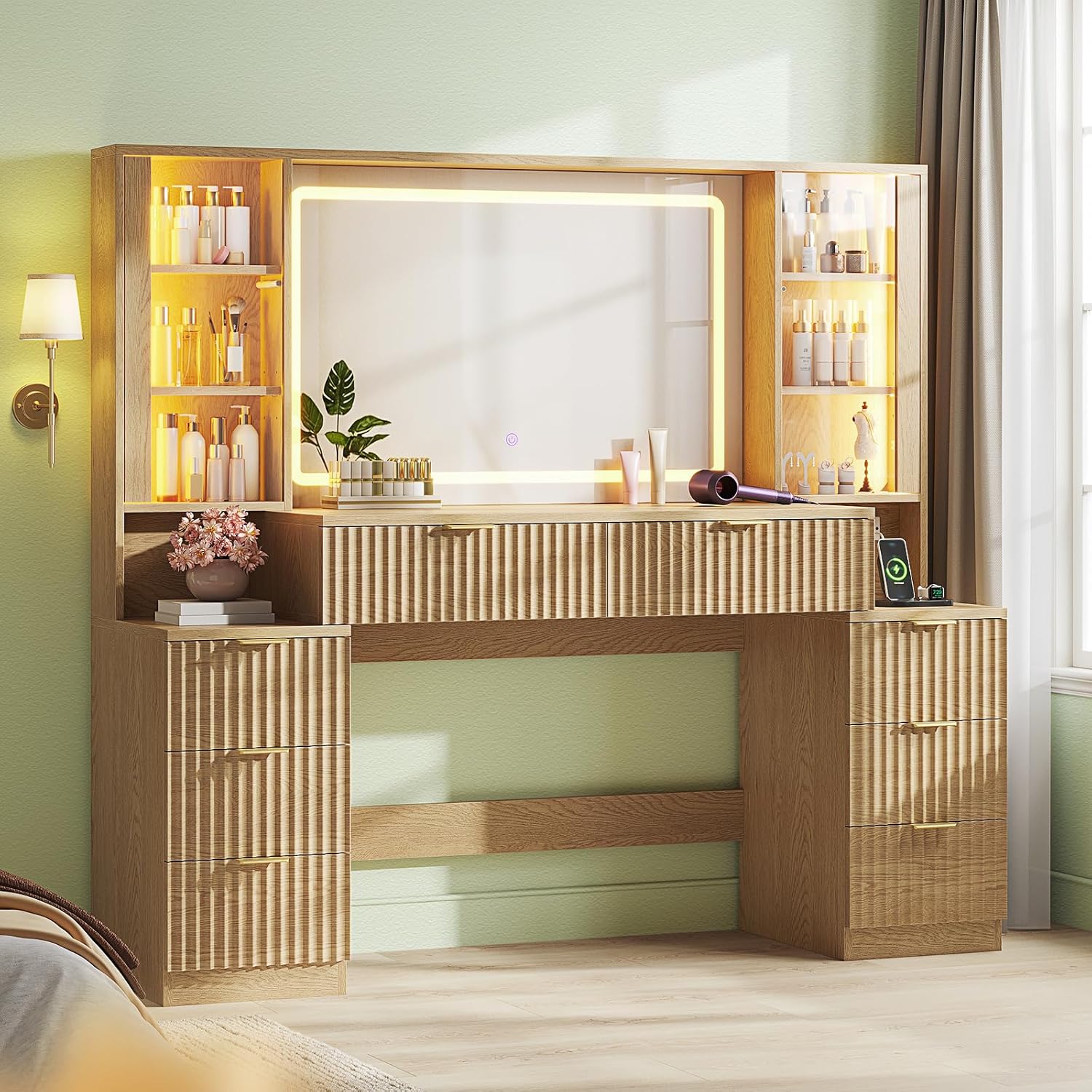 Big Vanity, Fluted Wood Makeup Vanity Desk with Mirror and Sound Sync LED Lights, Large Vanity Dressing Table, 8 Drawers, Charging Station for Girls, Women (Oak, 59.1" Width)