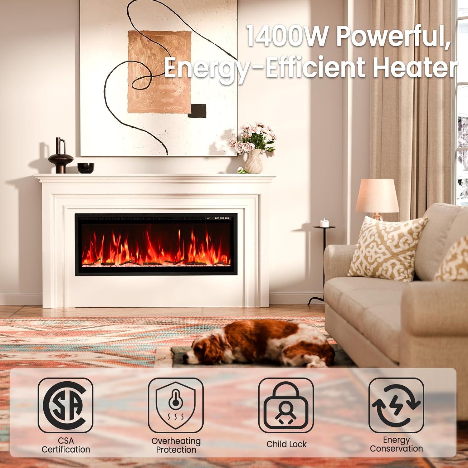 50” Smart Electric Fireplace with Voice Control, Realistic Flame, Crackling Sound, Wall Mounted or Recessed Fireplace Insert, App/Remote Control, Logs & Crystals Included for Living Room,Bedroom