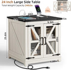 Farmhouse End Table with Charging Station Set 2, 24" Large Sofa Side Table with Glass Barn Door,White Nightstand with Adjustable Storage Shelf,Wood Square Bedside Table for Living Room,Bedroom
