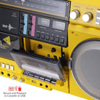 aiwa Retro Boombox CD Player with Cassette Recording  Bluetooth 5.0  FM/AM Radio  USB/SD/AUX Inputs  VU Meters  LCD Display  Dual 40W Speakers - Yellow