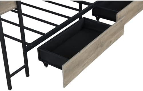 Bellemave Twin Corner Bed Frame with Desk and Storage, Twin Size Captains Bed with Charging Station and LED Light, Wood Daybeds with L-Shaped Bookcase and 2 Drawers, Grey