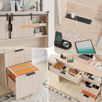 Farmhouse 67" H Executive Desk with Fluted Drawers,4 Drawers Fluted Computer Desk with LED Light,Charging Hub,Wood Workstation with Hutch and Sliding Barn Doors for Work and Study