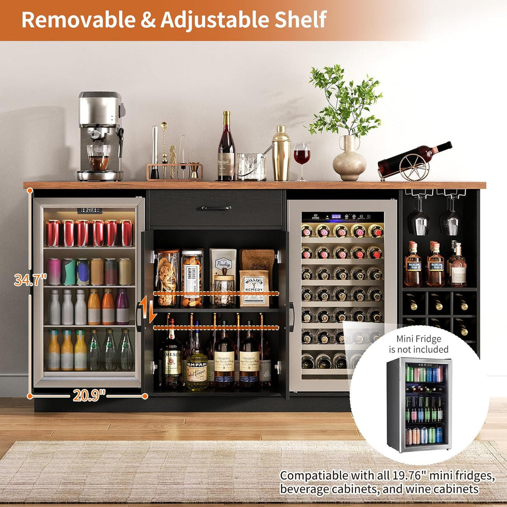 78.74" Large Coffee Bar Cabinet with Fridge Space, Mini Fridge Cabinet with Storage, Liquor Cabinet with Wine Rack Glass Holder Power Outlets for Living Room, Kitchen, Black KTSR003B