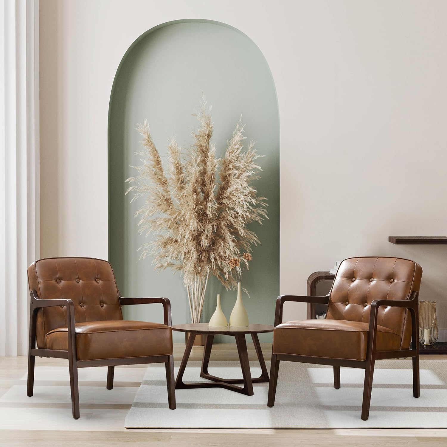 Faux Leather Accent Chair Set of 2, Mid Century Chair for Living Room, Upholstered Comfy Lounge Armchair with Solid Wood Frame, Modern Chair for Bedroom,105°Ergonomic Comfort, Brown