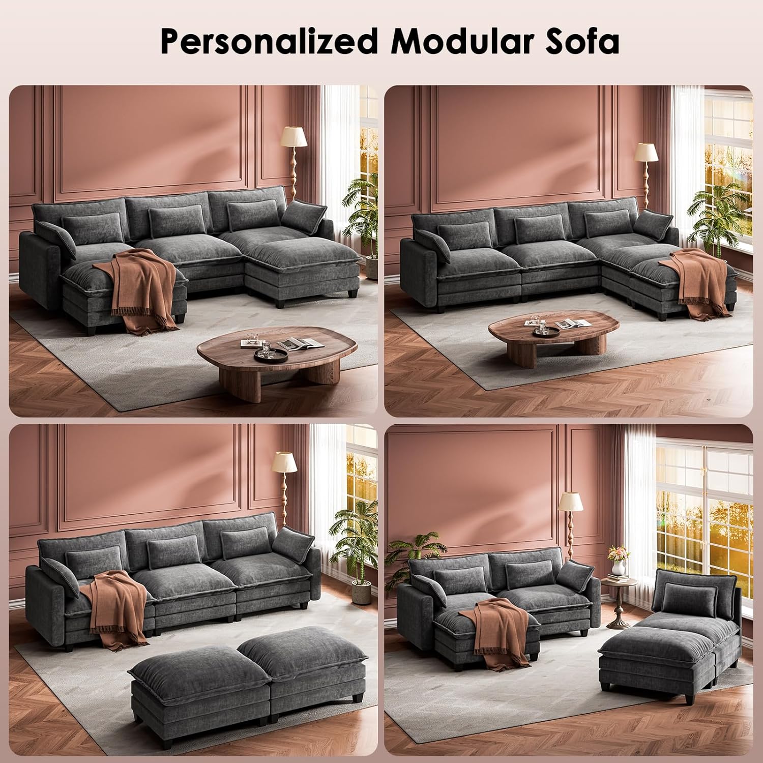 Marsail Modular Sectional Sofa 110.6" U-Shaped Modern Comfy Cloud Couch, 5-Seat Chenille Deep Seat Sofa with Throw Pillow & Movable Ottoman for Living Room, Bedroom and Apartment, Grey