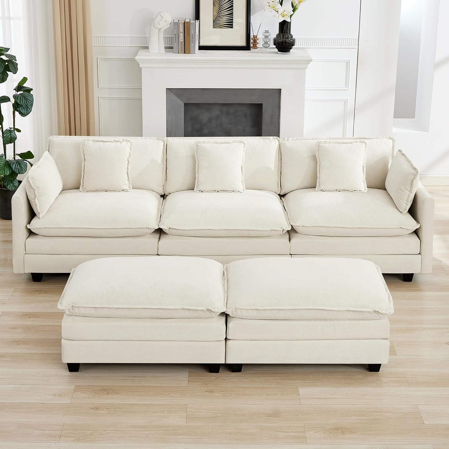 111'' Sectional Cloud Deep Seat Couch, Oversized Chenille U Shaped Sectional Sofa for Living Room Set, Comfy Upholstered Modular 5-Seats Sectional Sofa Couch with 2 Movable Ottoman, Beige